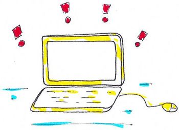 Ein Laptop mit Stromkabel, um den Bildschirm, der weiß ist, schweben vier rote Ausrufezeichen.