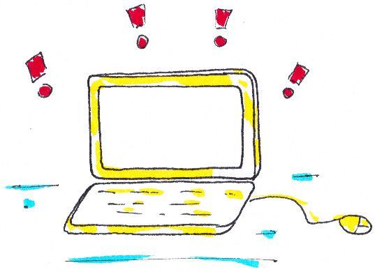 Ein Laptop mit Stromkabel, um den Bildschirm, der weiß ist, schweben vier rote Ausrufezeichen.