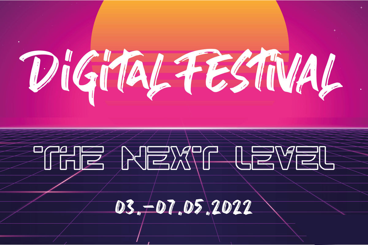 Visual Digital-Festival: Schriftzug vor futuristischer Landschaft mit aufgehender Sonne