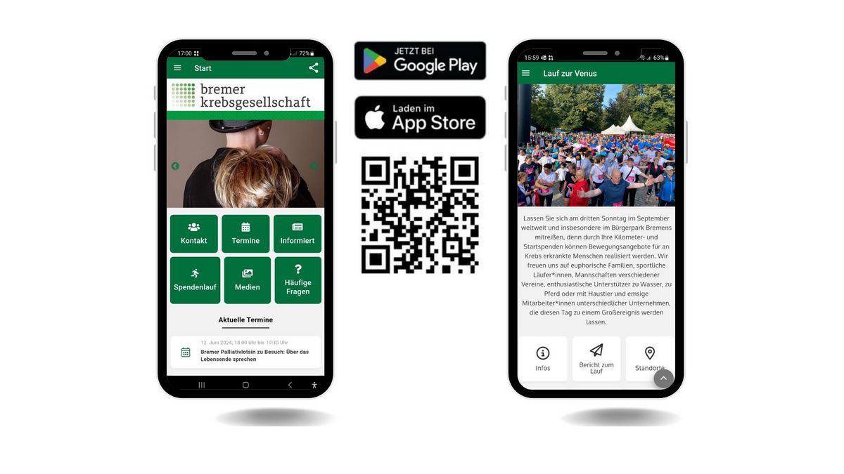 zwei Smartphones mit Ansichten der App der Bremer Krebsgesellschaft und QR-Code zum Download der App.
