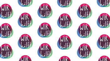 Das Logo der Aktionswoche Selbsthilfe mit dem Slogan "Wir hilft" in weißer schrift, unterlegt von einem blauen, roten und grünen Kreis auf weißem Untergrund.