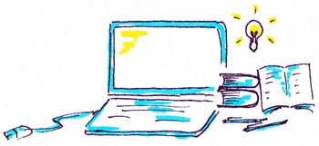 Ein aufgeklappert Laptop, Papiere, eine leuchtende Glühlampe