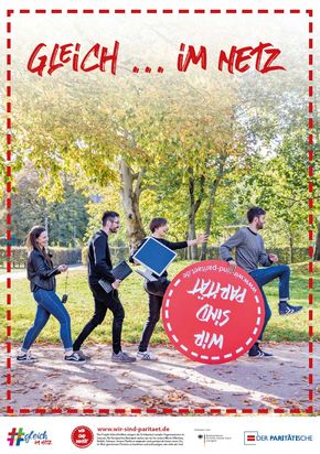 Voransicht Werbeplakat: Vier Menschen in Seitenansicht laufen mit IT-Geräten durch den Park