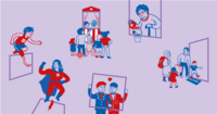 Vor lila Hintergrund sind verschiedene Szenen in rot und blau gezeichnet. Es sind die Jubiläums-Motive des Paritätischen. Unter anderem ist eine Frau als Superheldin, eine Familie und Kinder, die einem Puppentheater zu sehen, abgebildet. 
