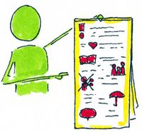 Eine grüne Person hält ein großes Blatt Papier in der Hand und zeigt darauf, auf dem Papier sind in Rot Ausrufezeichen, Herz, ein Regenschirm, eine Sprechblase und in schwarz jeweils daneben Linien.