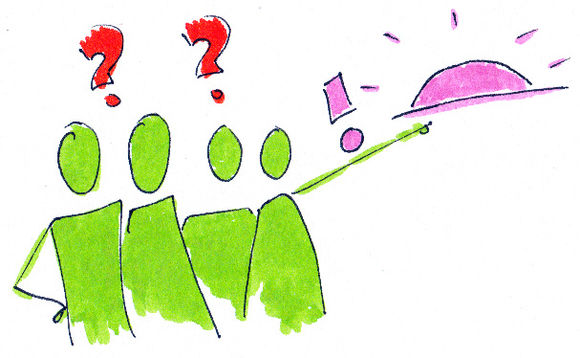 Vier grüne Personen mit zwei roten Fragezeichen über ihren Köpfen, die vorderste streckt den Arm aus, über dem ein Ausrufezeichen schwebt, am Ende des Arms ist eine pinkfarbene aufgehende Sonne zu sehen.