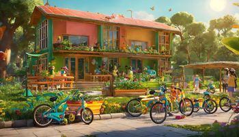 Das Bild zeigt eine zweistöckige Einrichtung. Das Haus ist umgeben von vielen Pflanzen und Menschen, die im Garten sind oder Fahrrad fahren. 