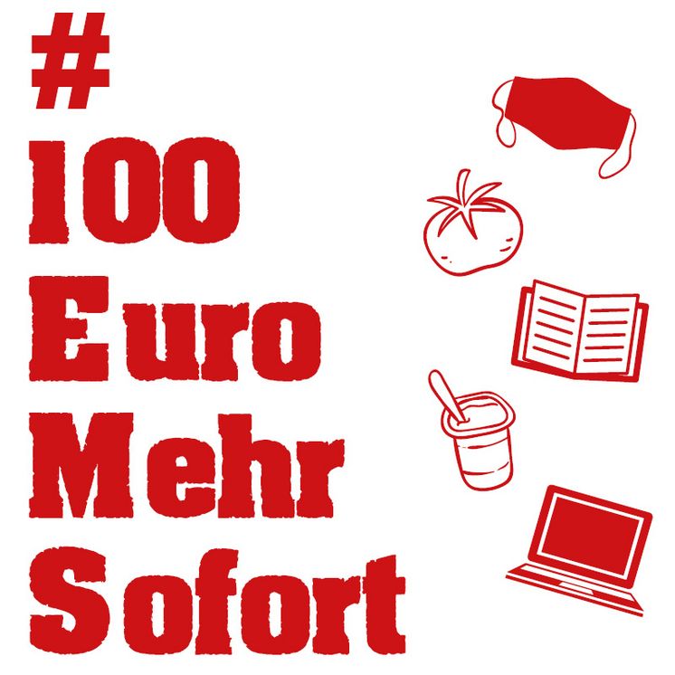 Ein Mund-Nasen-Schutz, eine Tomate, ein Jogurt und ein Laptop plus Text: 100 Euro mehr sofort