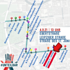 Karte mit dem Treffpunkt des Demoblocks "Soziales in Vielfalt" auf der Leipziger Straße mit Hinweis auf den Demostart am 4.9.21 um 13 Uhr