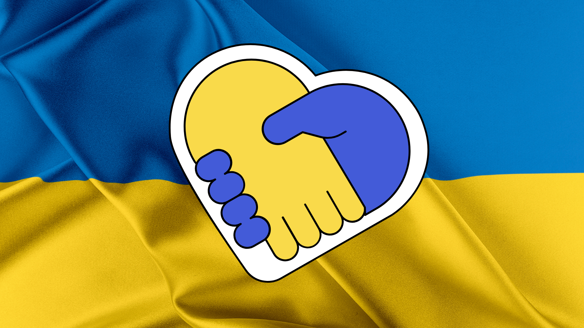 Vor einer Flagge in den Farben der Ukraine sind zwei ineinander gelegte Hönde in den Farben der Ukraine zu einem Herz geformt.