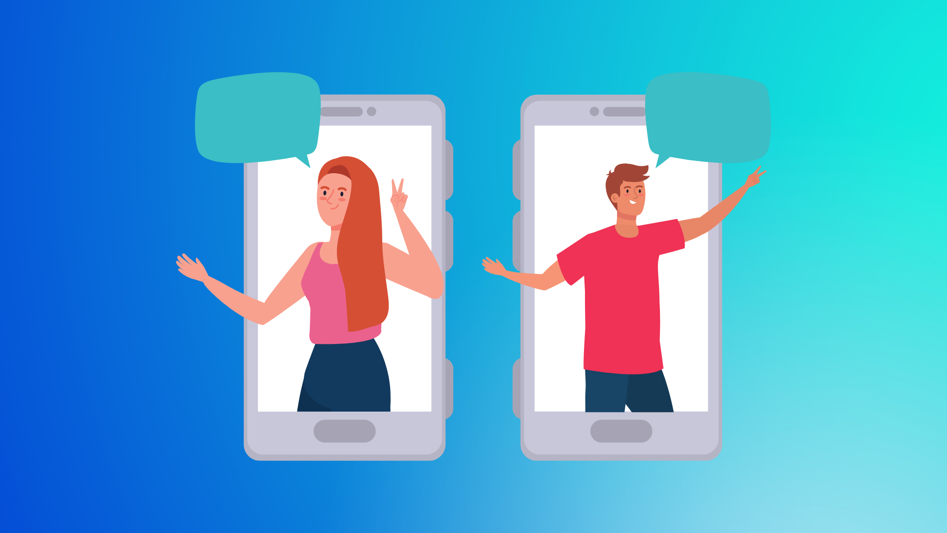 Illustration: Eine Frau und ein Mann sind auf einem Smartphone-Display zu sehen und sprechen.