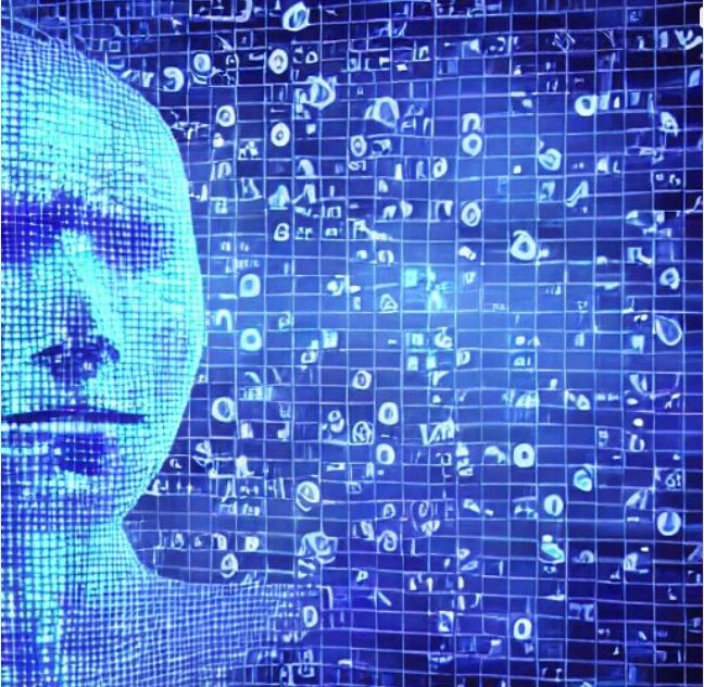 Von künstlicher Intelligenz erzeugtes Symbolbild: gerastertes Gesicht vor Raster mit Code-Zeichen. Bild in blau und futuristisch