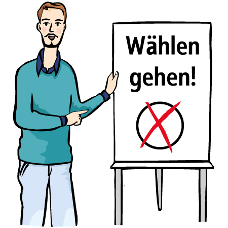 ein Mann steht neben einem Plakat, auf dem steht: Wählen gehen!