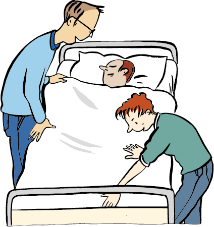 zwei Pflegekräfte kümmern sich um eine im Bett liegende Person