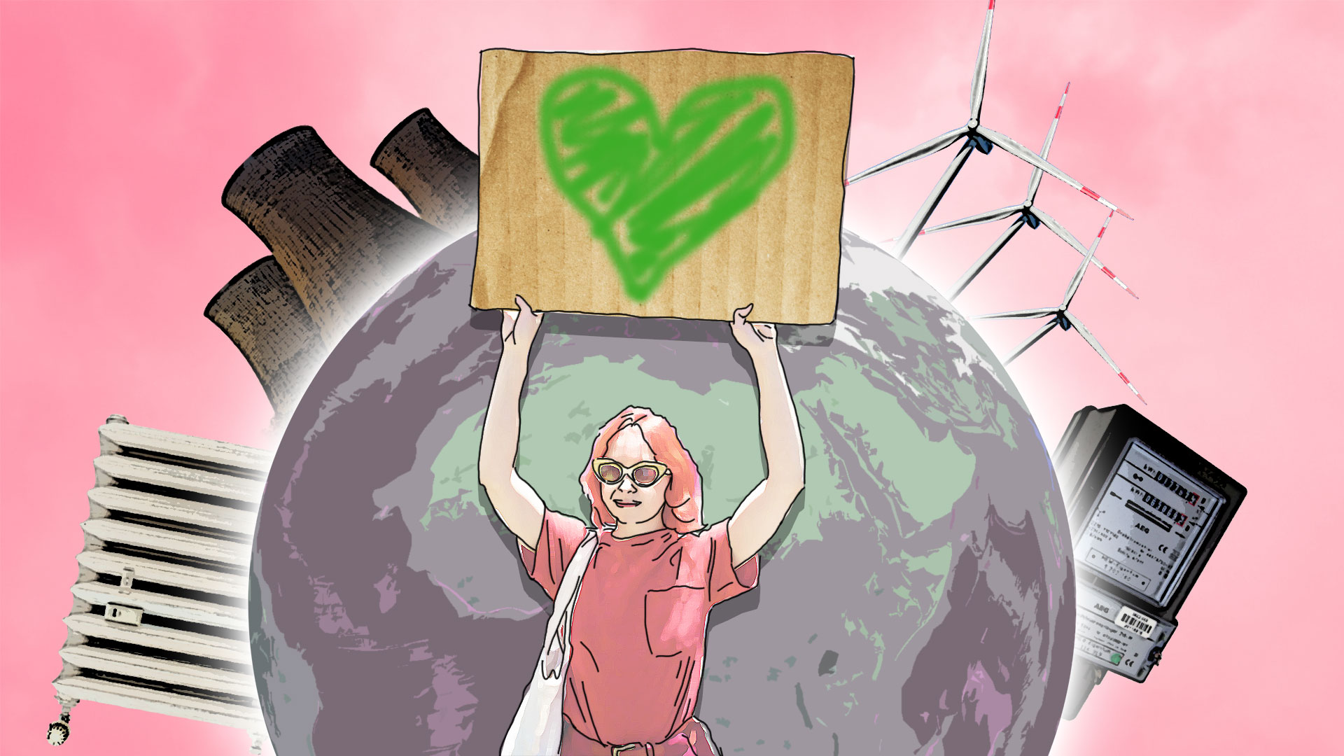 Grafik mit einer junge Frau, die ein Schild mit einem grünen Herz in die Höhe hält. Dahinter ein Erdball und darum ein Heizkörper, Windräder, ein Stromzähler sowie Schornsteine.