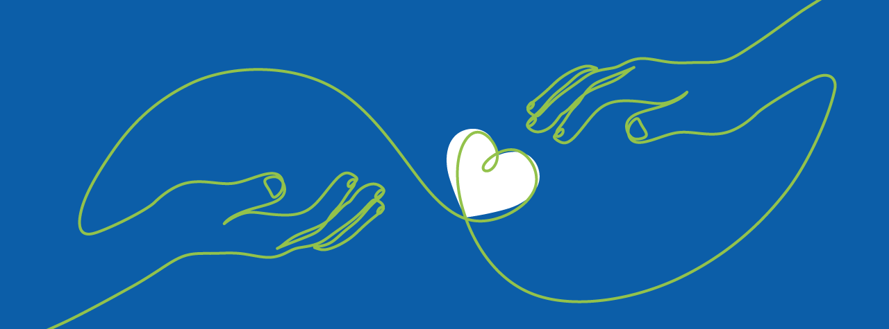 Vor blauem Hintegrund sind zwei Hände gezeichnet, die sich einmal von links und einmal von rechts kommend nach einem kleinen weißen Herz in der Mitte strecken.