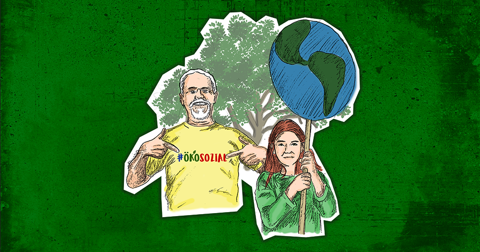 Zeichnung: Ein Mann mit T-Shirt-Aufdruck "ökosozial" und eine Frau mit Weltglobus-Schild