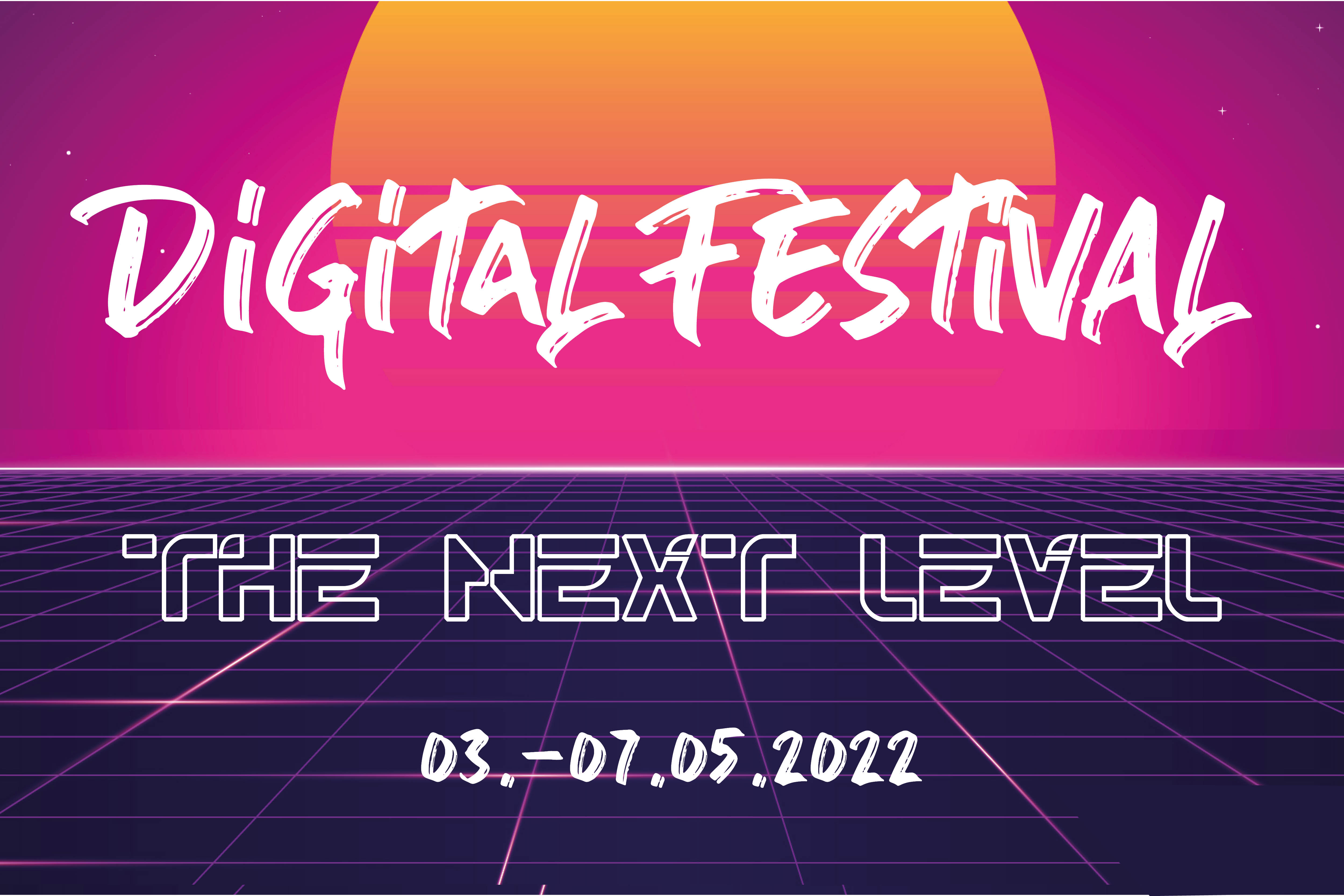Schrift "Digital Festival - The Next Level" vor futuristischer Landschaft mit Sonnenaufgang