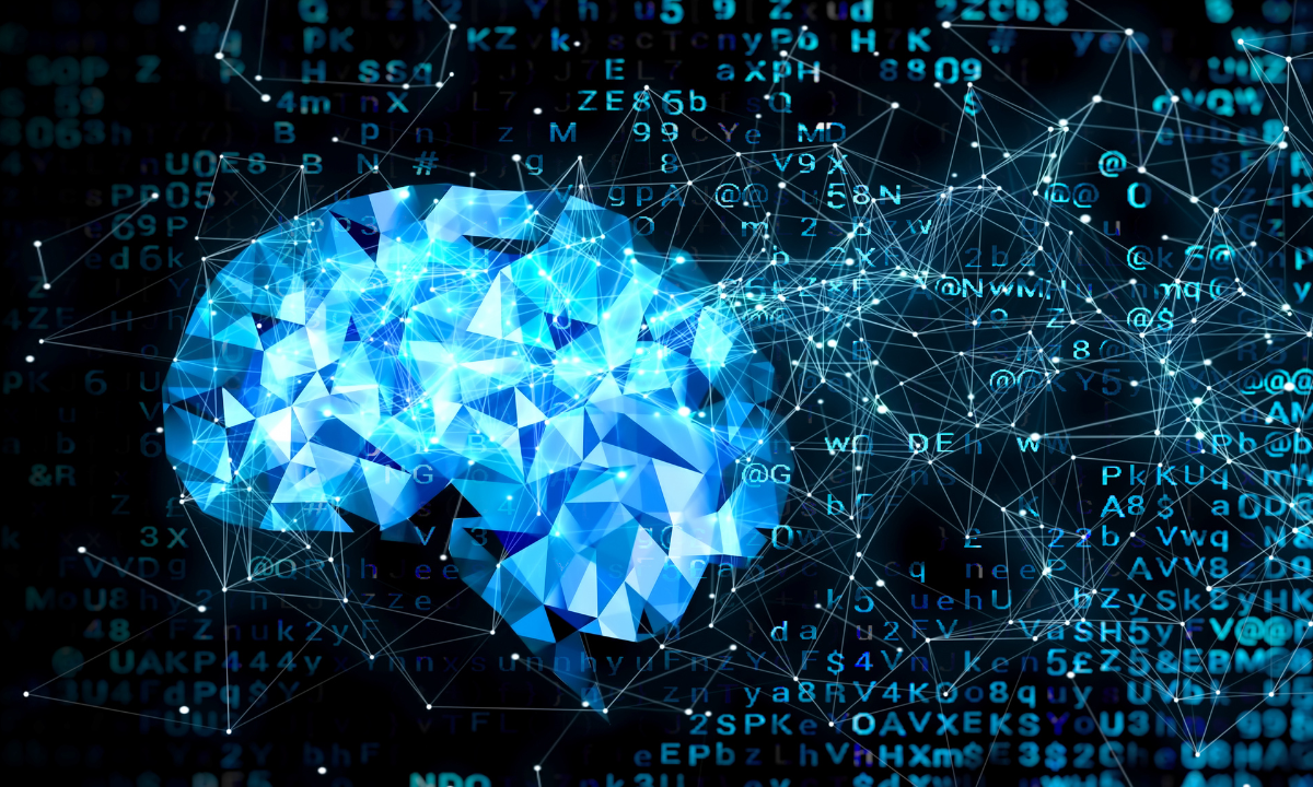 Eingraphisch nachgebildetes Gehirn, überlagert von einem Netzwerk, vor einem unendlichen Raum aus kryptischen Zeichen. Kühle Blautöne