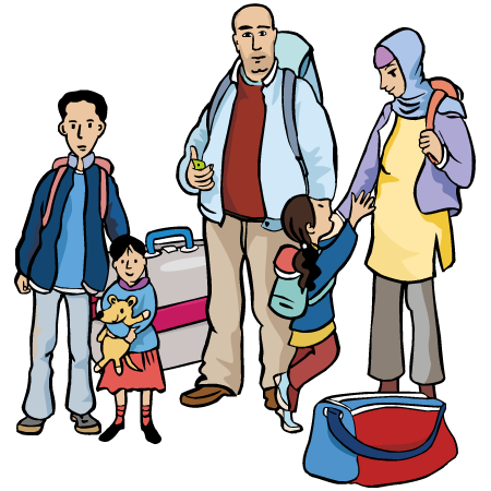 Eine Familie mit drei Kindern mit zahlreichen Koffern und Taschen, die Frau trägt ein Kopftuch. 