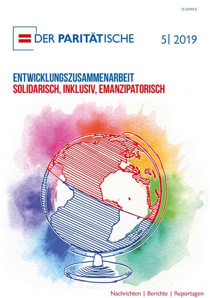 Titel des Vergangsmagazins 05/19 zum Thema Entwicklungszusammenarbeit, Titelblatt zeigt einen gezeichneten Globus eingerahmt von bunten Farbflecken 