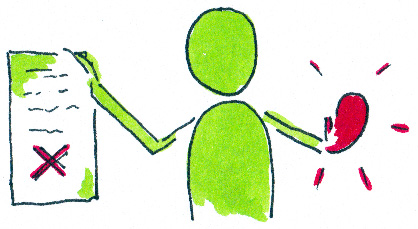 Eine grüne Person hält in der rechten Hand ein beschriebenes Blatt mit einem roten Kreuz im unteren Bereich und streckt die linke Hand vor, die dick und rot und nach oben gebogen ist.