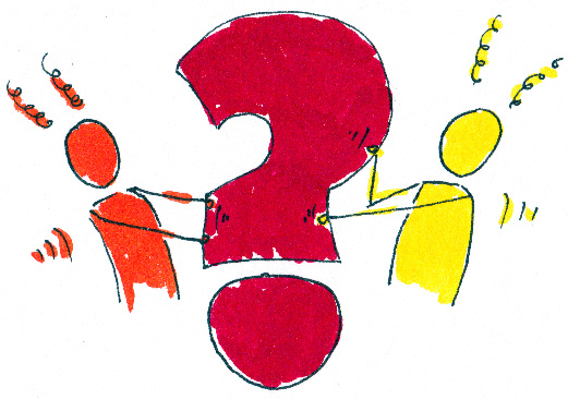 In der Mitte ein großes rotes Fragezeichen, links eine orangefarbene Person, rechts eine gelbe, die beide jeweils zurück gelehnt mit den Händen an dem Fragezeichen ziehen.