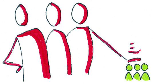 Drei große rote Personen, die rechte streckt ihren Arm nach unten, dort stehen drei kleine, grüne Personen.