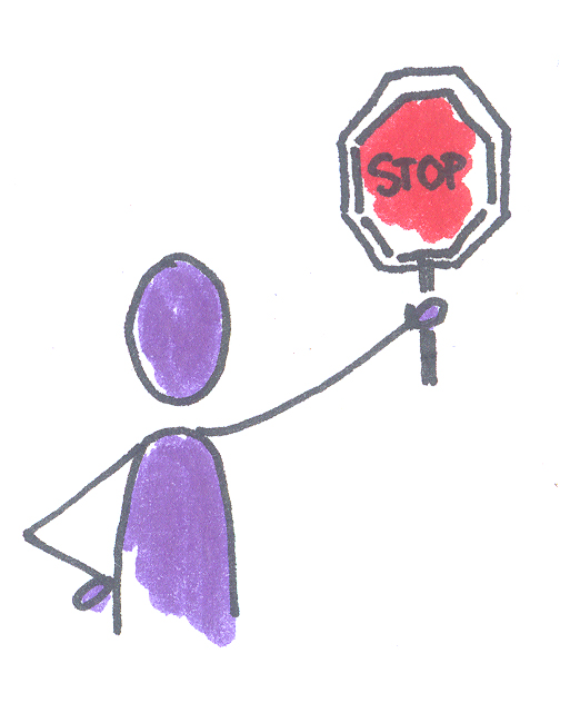 Eine lila Person hält ein rotes Stop-Schild.