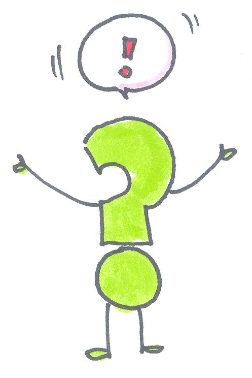 Ein grünes Fragezeichen mit gehobenen Armen links und rechts, darüber ein Ausrufezeichen in einer Sprechblase.