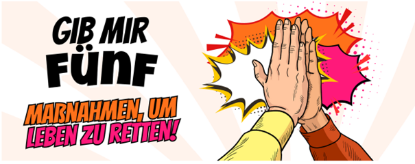 Zwei Hände klatschen aneinander, Schrift: Gib mir fünf