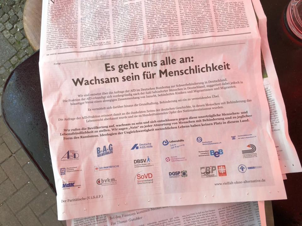 Ein Foto der Anzeige von 18 Sozial- und Behindertenverbänden in der Frankfurter Allgemeinen Sonntagszeitung vom 22. April 2018