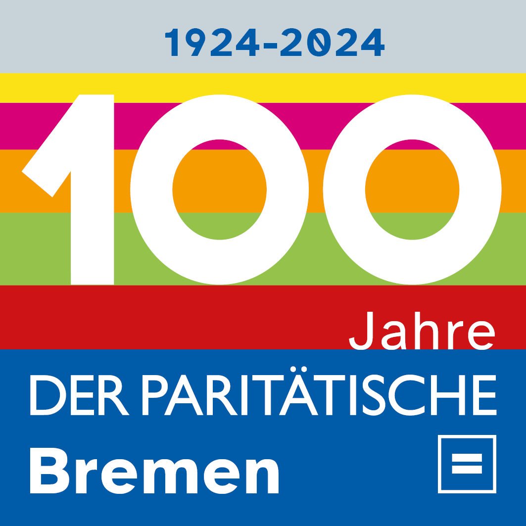 Grafik in Regenbogenfarben mit Text: 1924-2024. 100 Jahre Der Paritätische Bremen