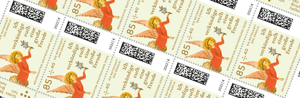 Viele Wohlfahrts-Briefmarken nebeneinander, die einen Engel zeigen.