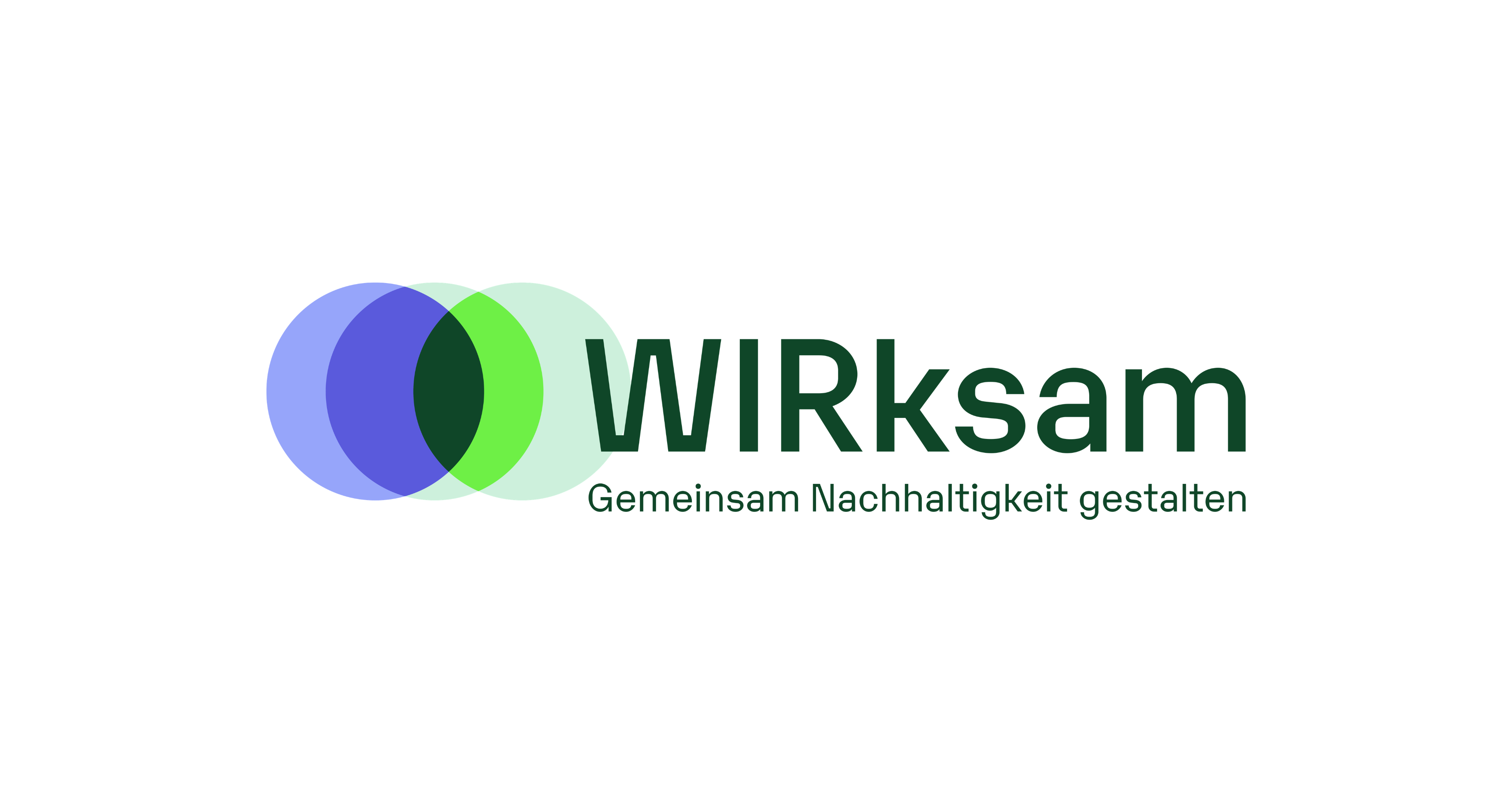 Das Logo des Projekts „WIRksam – Gemeinsam Nachhaltigkeit gestalten“ auf weißem Hintergrund. Links neben dem Text befinden sich vier überlappende, halbtransparente Kreise in den Farben Hellblau, Dunkelblau, Hellgrün und Grün. Rechts daneben steht in großen, dunkelgrünen Großbuchstaben „WIR“ gefolgt von „ksam“ in Kleinbuchstaben. Darunter folgt in kleinerer dunkelgrüner Schrift der Slogan „Gemeinsam Nachhaltigkeit gestalten“.