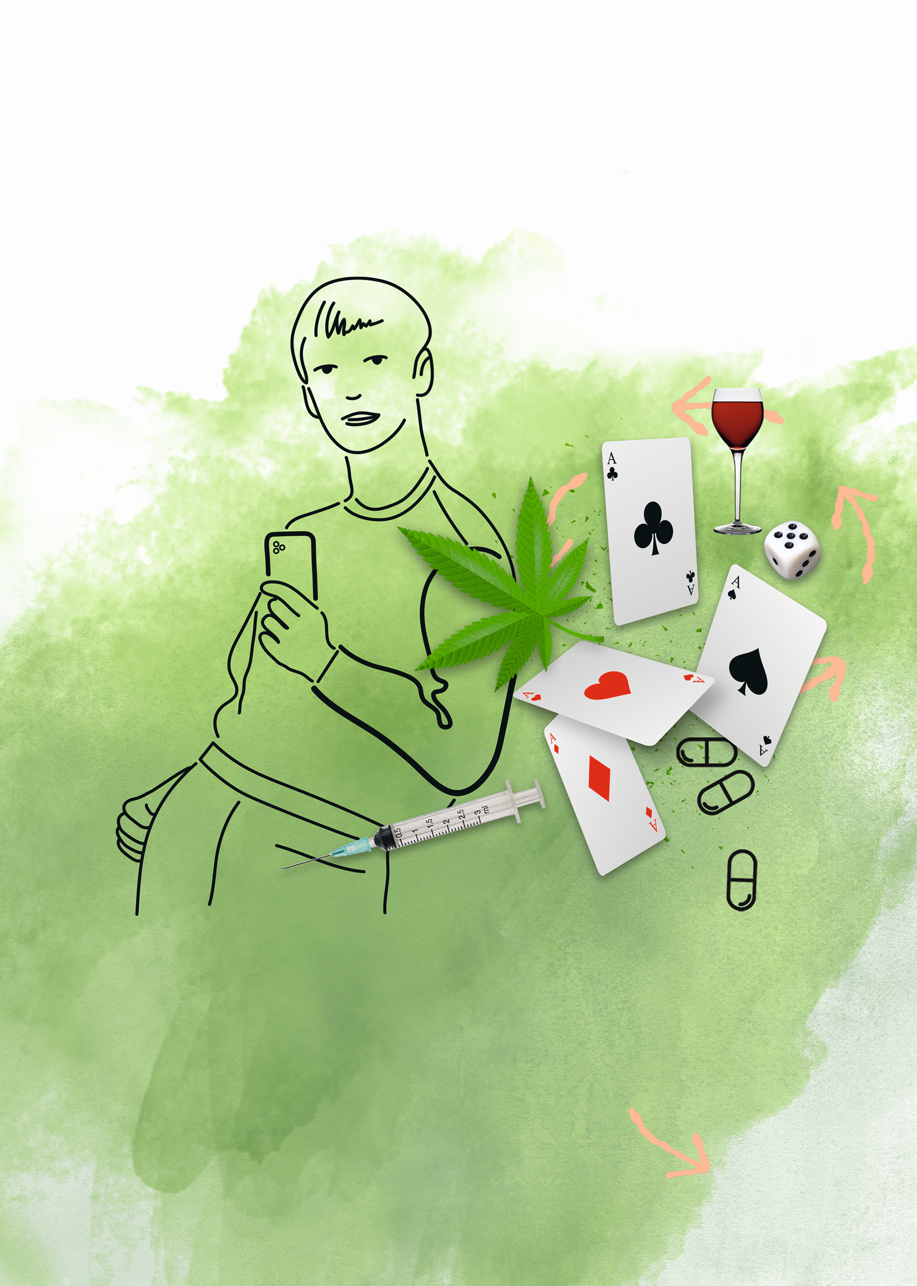 Grafik zeigt einen jungen Mann mit einer Spielkarte in der Hand, daneben unterschiedliche Gegenstände, die für Süchte stehen: Eine Spritze, ein Glas Wein, Spielwürfel, Spielkarten, ein Hanfblatt, Tabletten