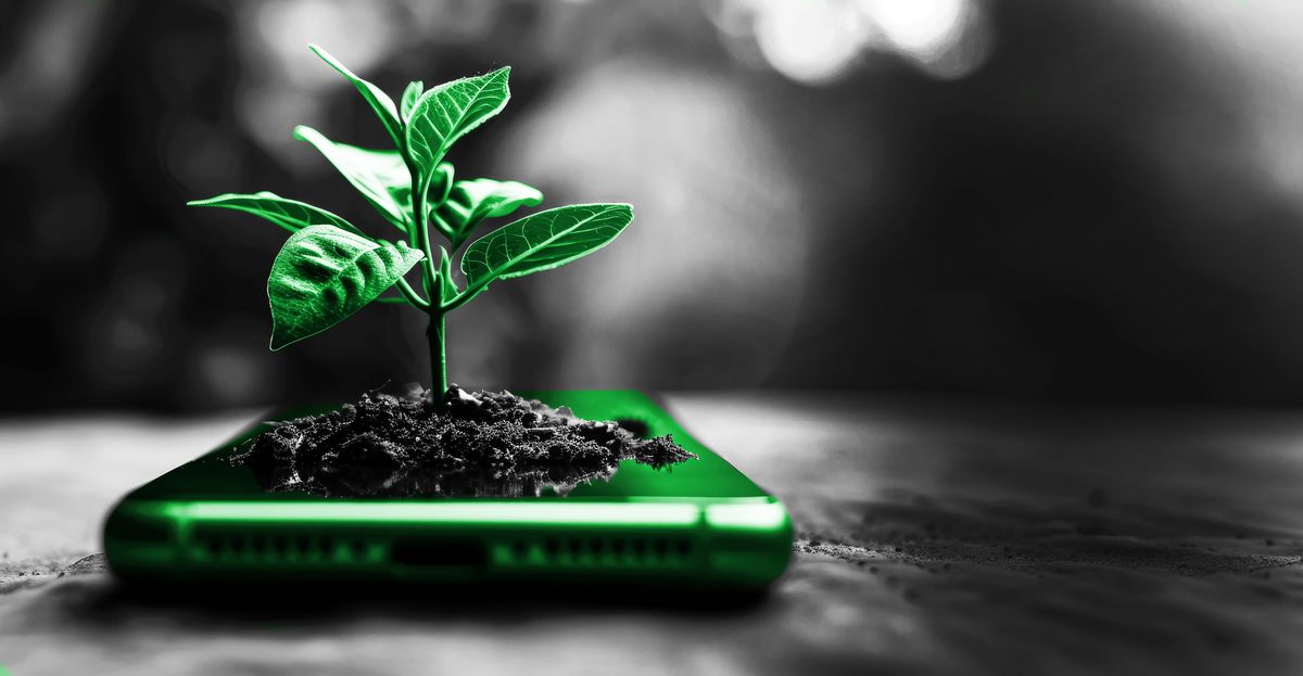Generative AI, Plant growing from the smartphone screen. Ecology
